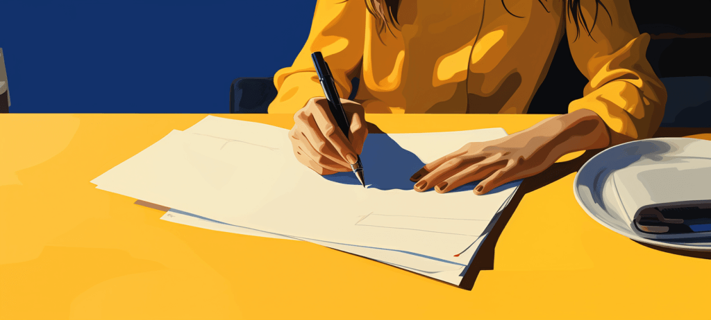 Woman sitting at a table writing on pieces of paper