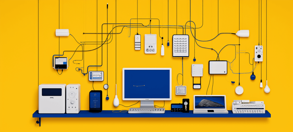 Technology sitting on a table with wires and cables behind it