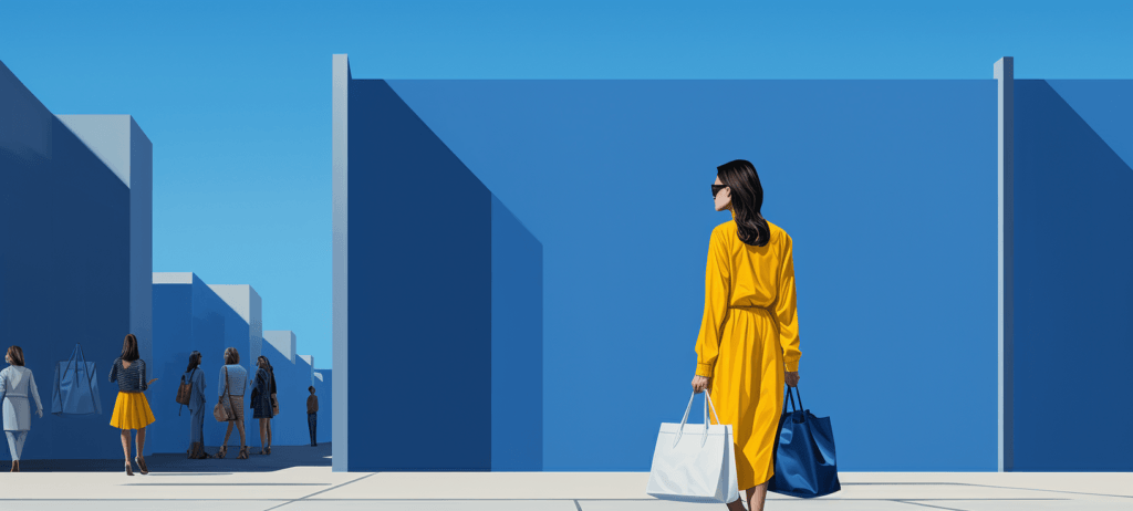 Woman in a yellow outfit standing with two bags