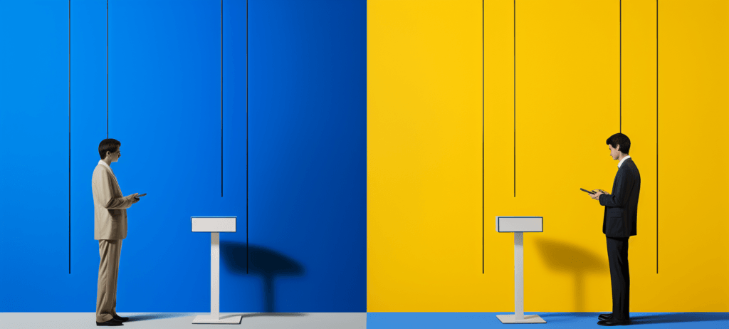Two people standing at a podium across from each other