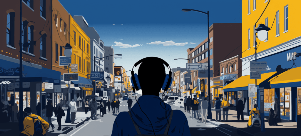 Boy wearing headphones standing in a busy town square