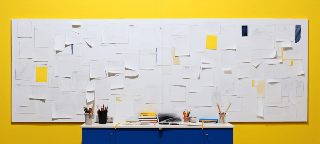 Board of information with a desk in front of it