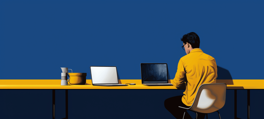 Man in a yellow jacket sitting at a desk with a laptop