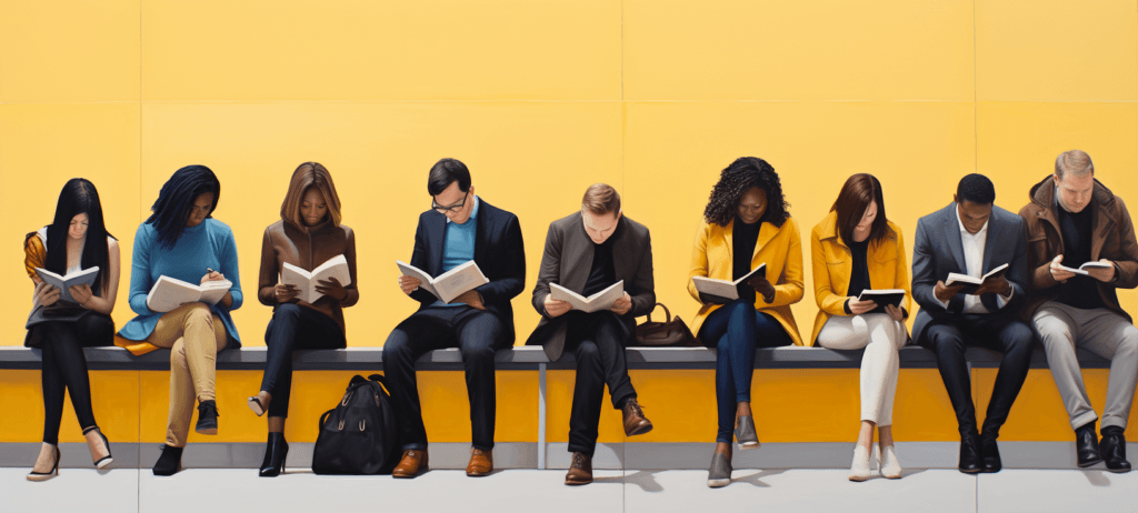 People of different genders and races sitting on a bench looking at books