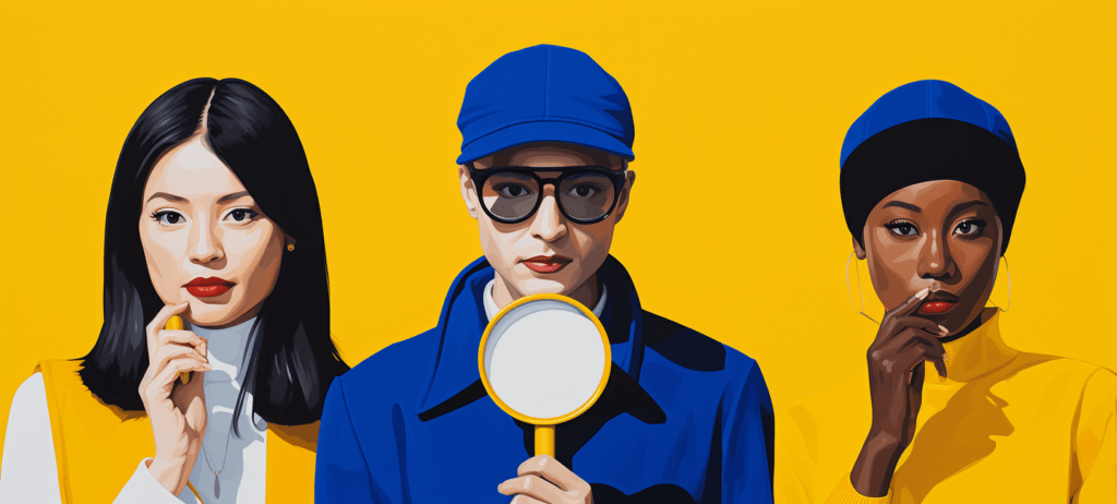 Three people of different races standing next to each other with one holding a magnifying glass