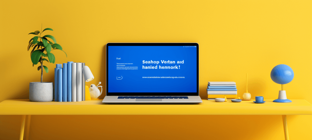 Laptop sitting on a yellow desk with a blue screen