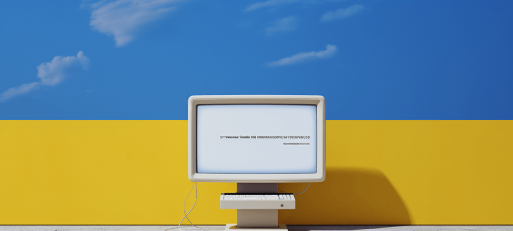 Desktop computer sitting on a table with a blue sky in the background