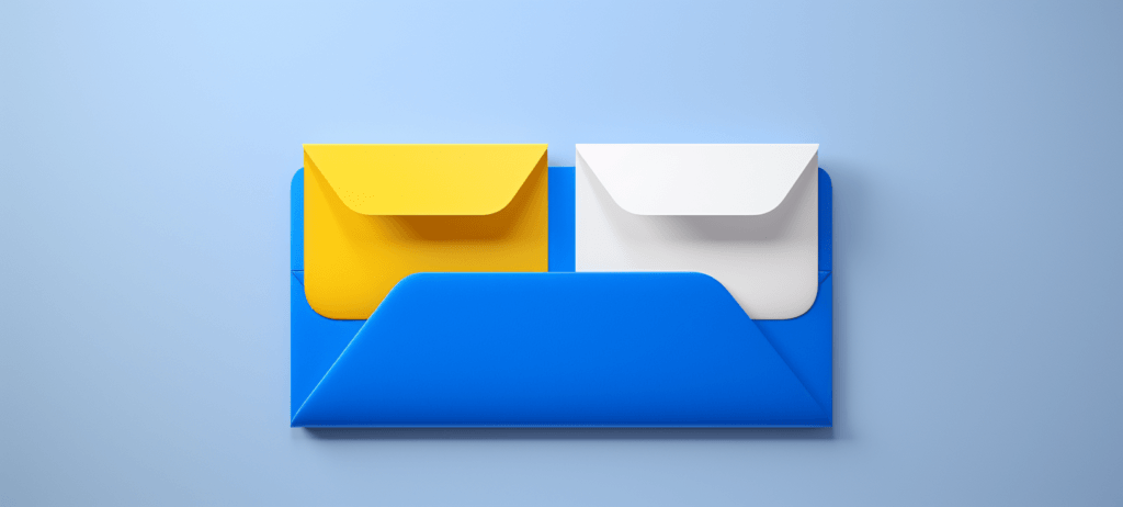 A yellow envelope and white envelope sitting in a blue case
