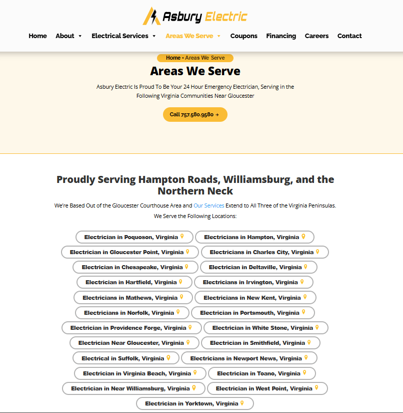 Asbury Electric's lSEO optimized page highlighting all the areas they serve
