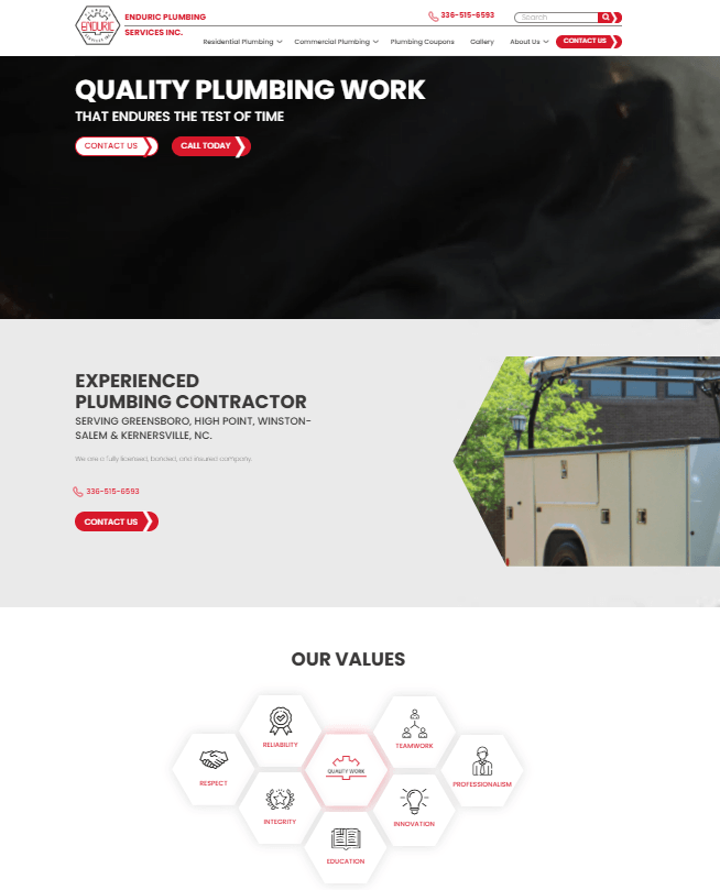 An example of a well-designed and optimized website belonging to Enduric Plumbing, a WebFX client