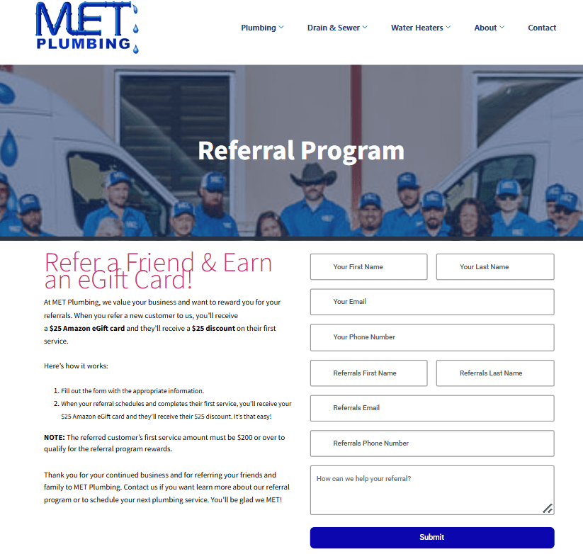 An example of MET plumbing's referral web page