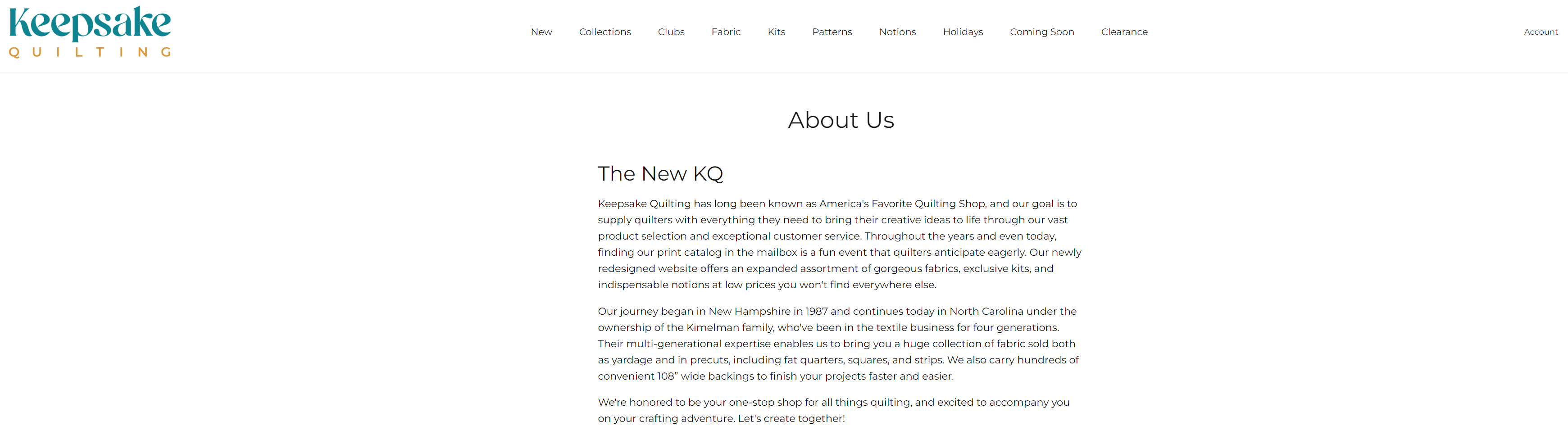 Screenshot of About Us page on Keepsake Quilting's website