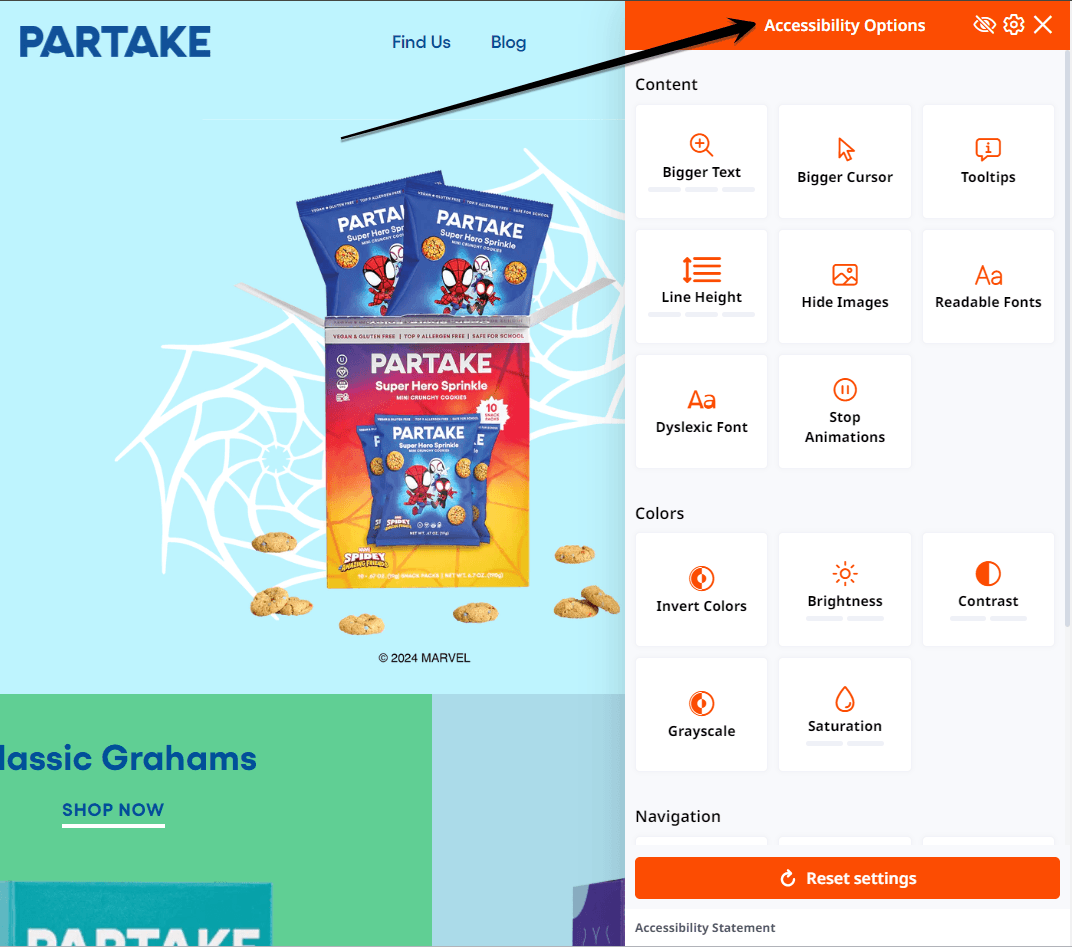 Accessibility menu on Partake's website