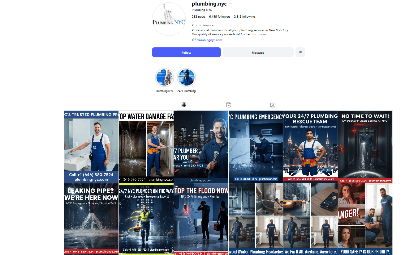 An example of a plumbing company in NYC with  vibrant social media presence