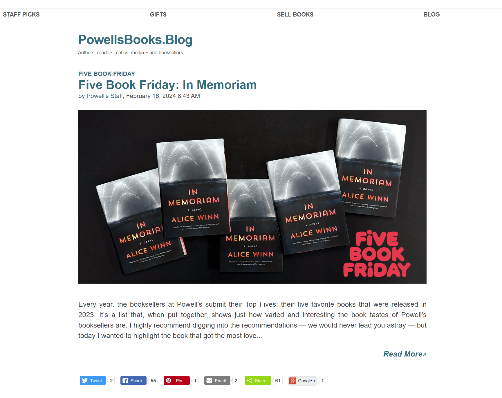 Screenshot of blog on PowellsBooks.com