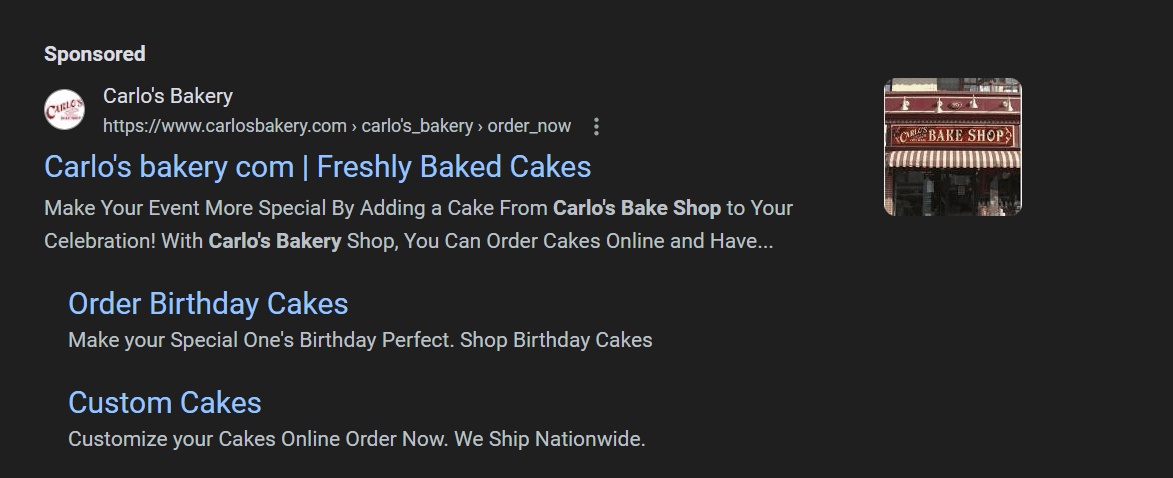 PPC ad in search for Carlo's Bakery