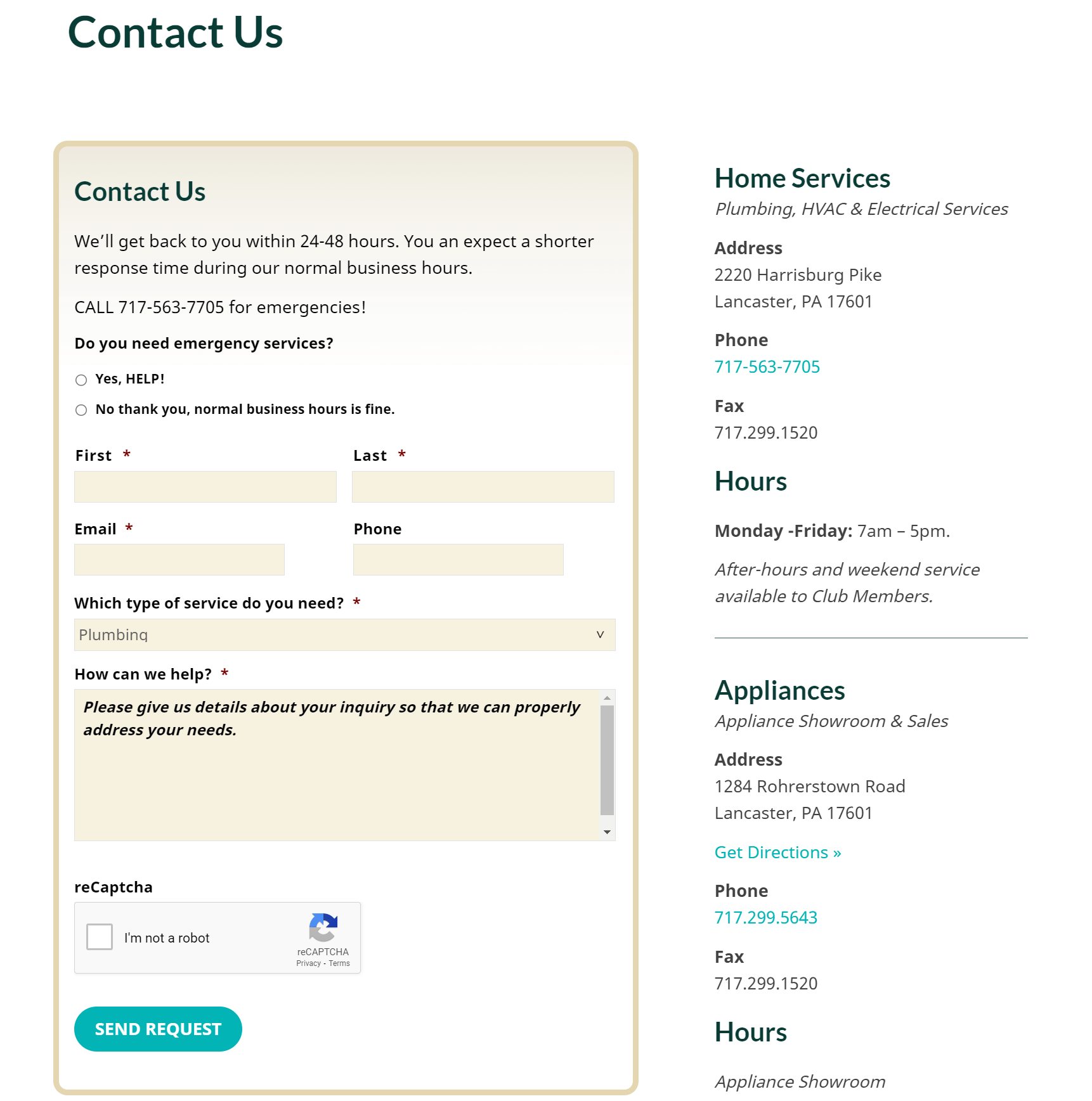 Screenshot of contact page