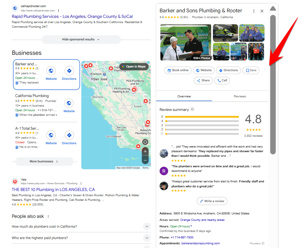 A screenshot of a well-optimized GBP with core information, including website link, directions, address, contact details, and online booking link.