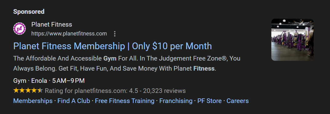 Planet Fitness PPC ad