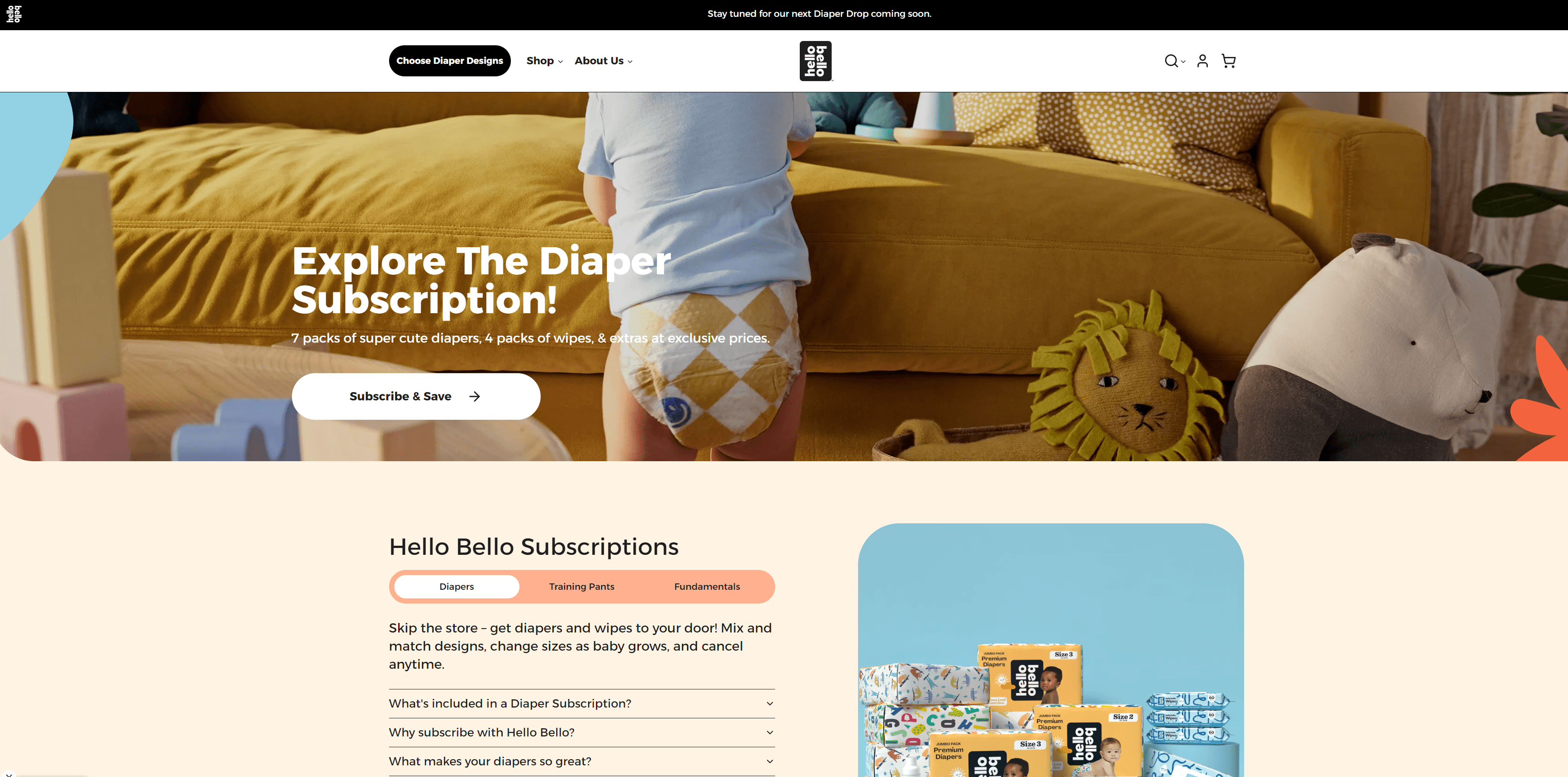 Screenshot of homepage on Hello Bello