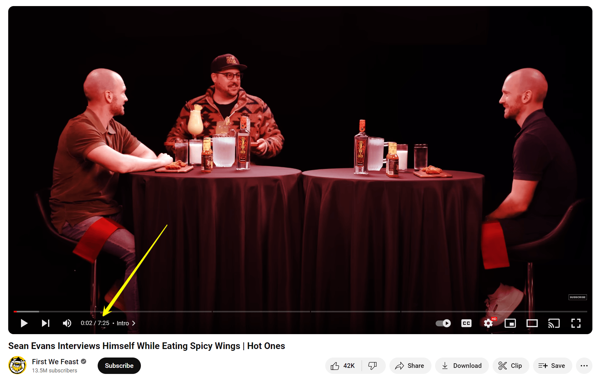 Hot Ones YouTube video with an arrow pointing to the length of the video