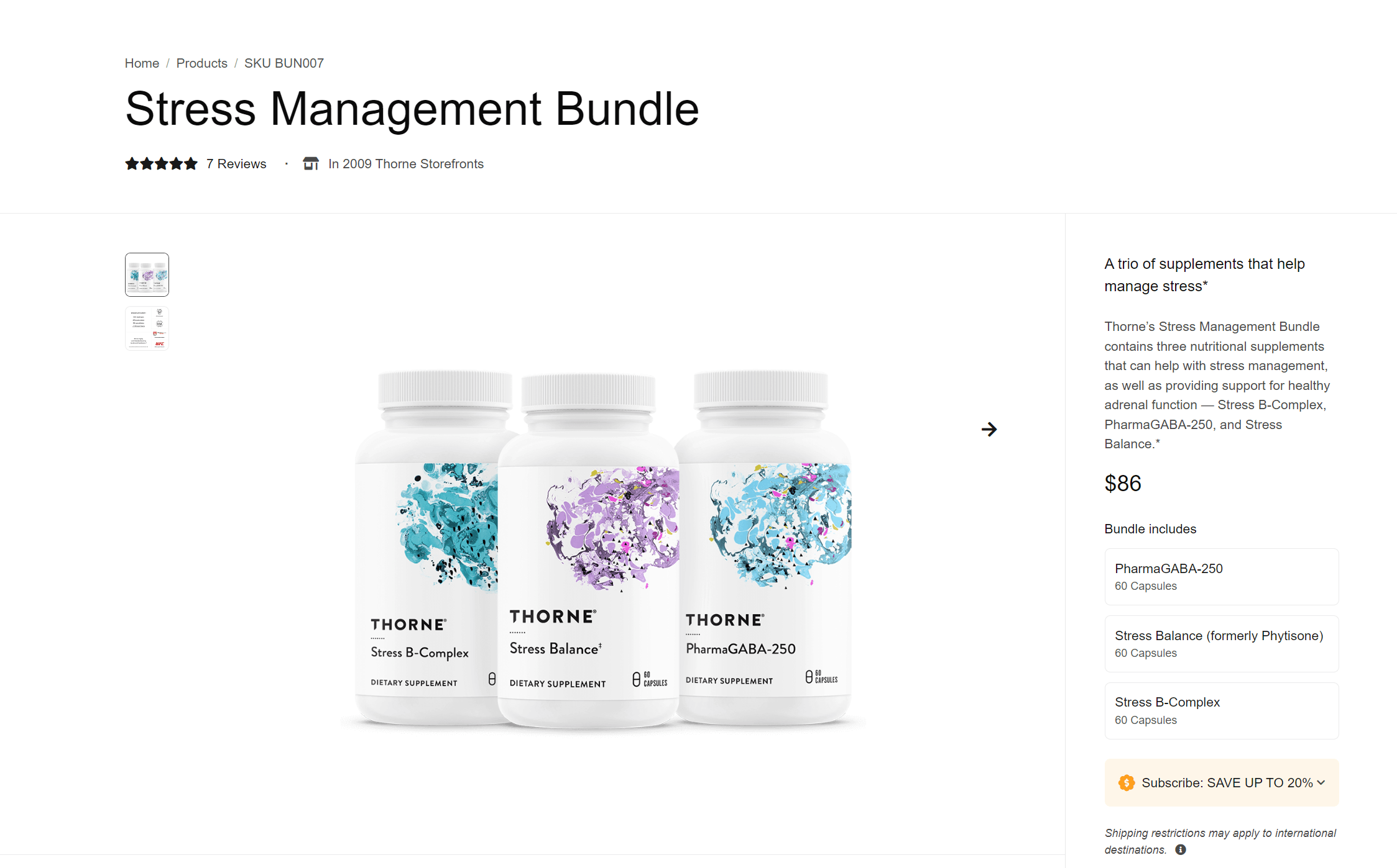Screenshot of product page on Thorne