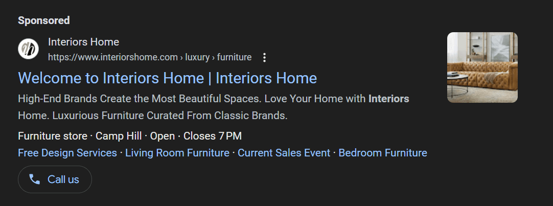 PPC ad in Google search results promoting interior design