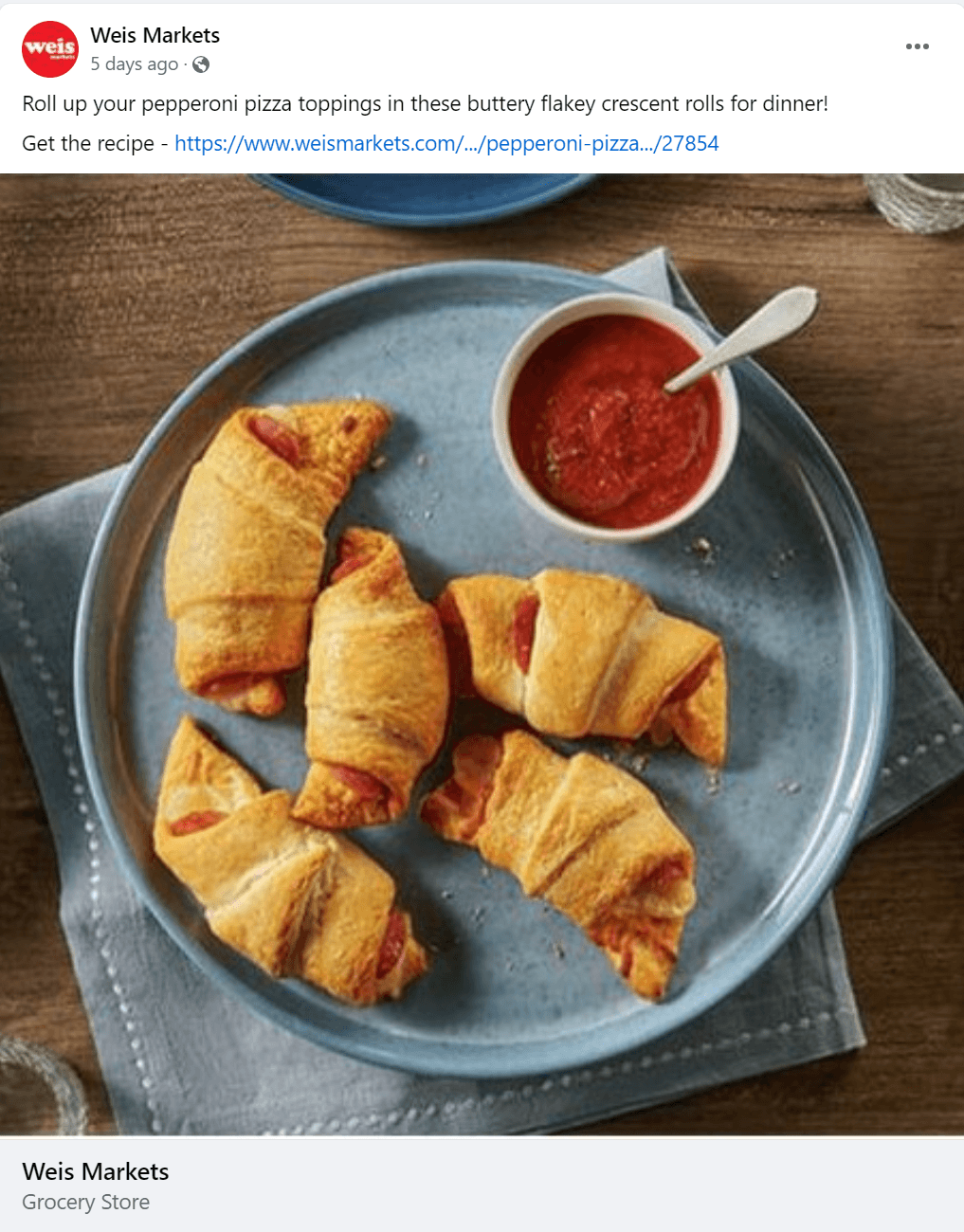 Social media post on Weis's Facebook page leading to a recipe