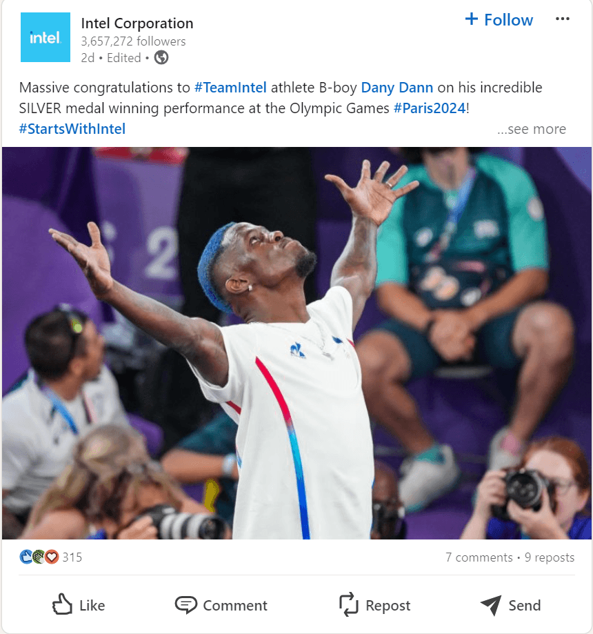 LinkedIn post from Intel about the Olympics