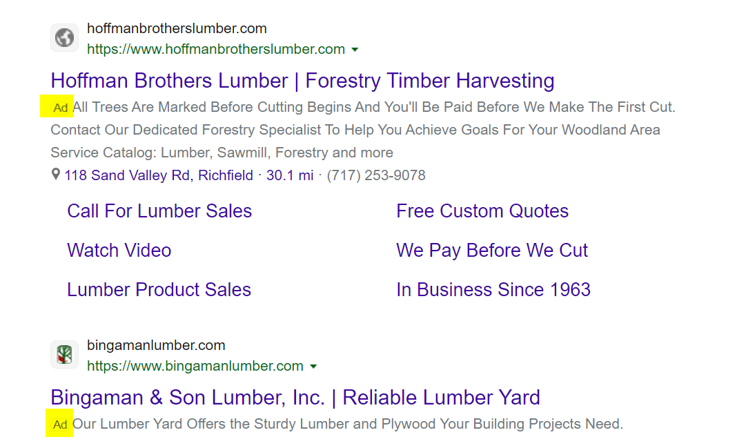 PPC ads for lumber companies on Bing