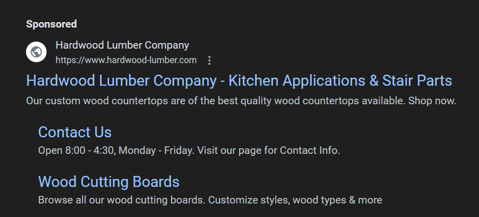 PPC ad on Google for a lumber company