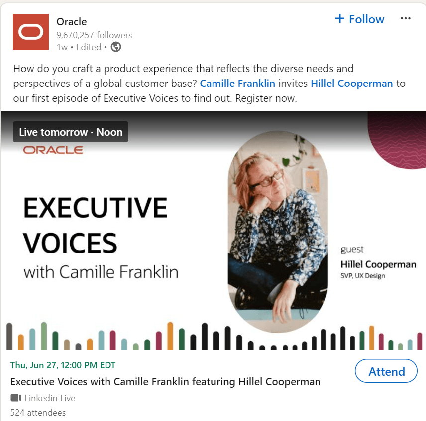 Oracle's promotion of a webinar on their social profile