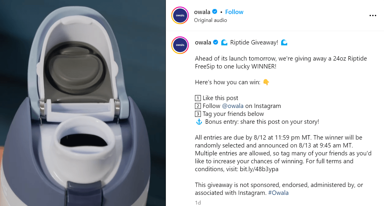 Instagram post giving away an Owala water bottle