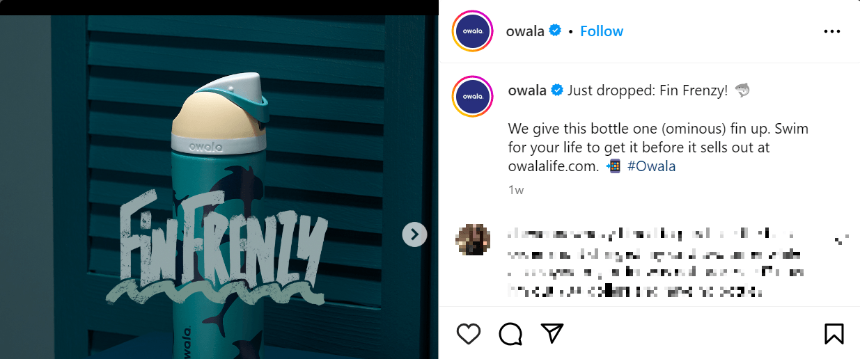 Owala Instagram post about a water bottle design with sharks