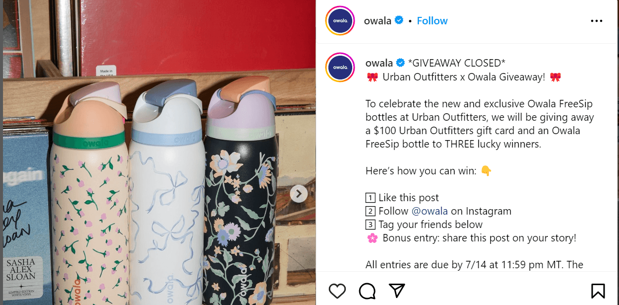 Owala Instagram giveaway post