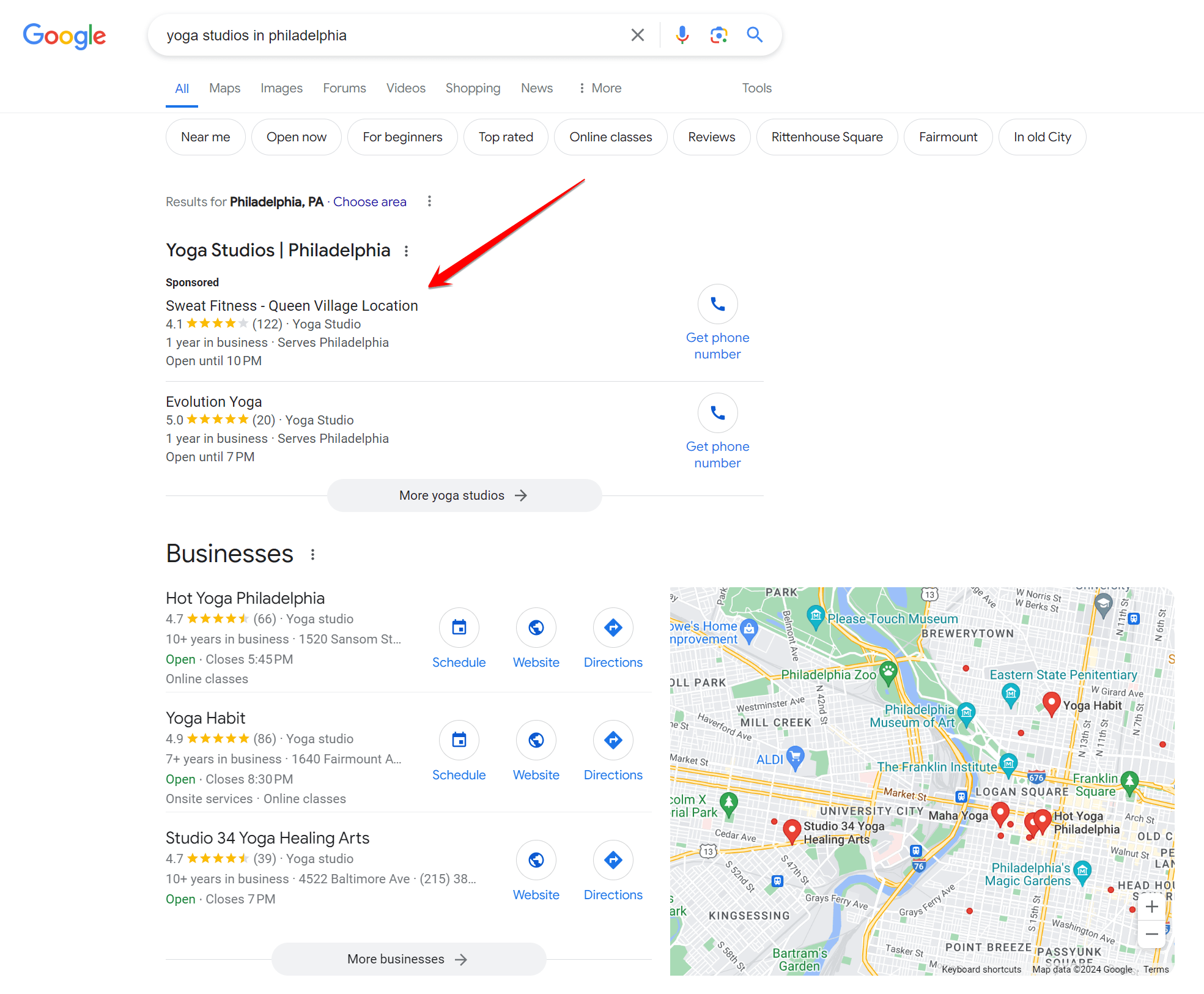 Screenshot of search results for "yoga studios in philadelphia"