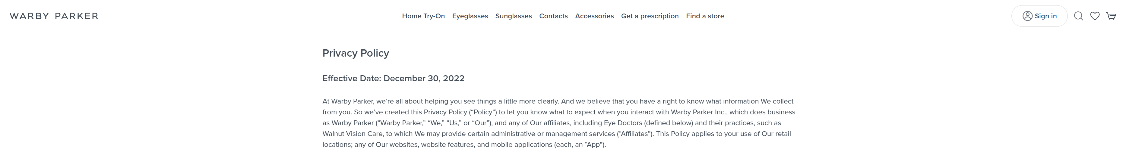 Screenshot of Warby Parker's Privacy Policy