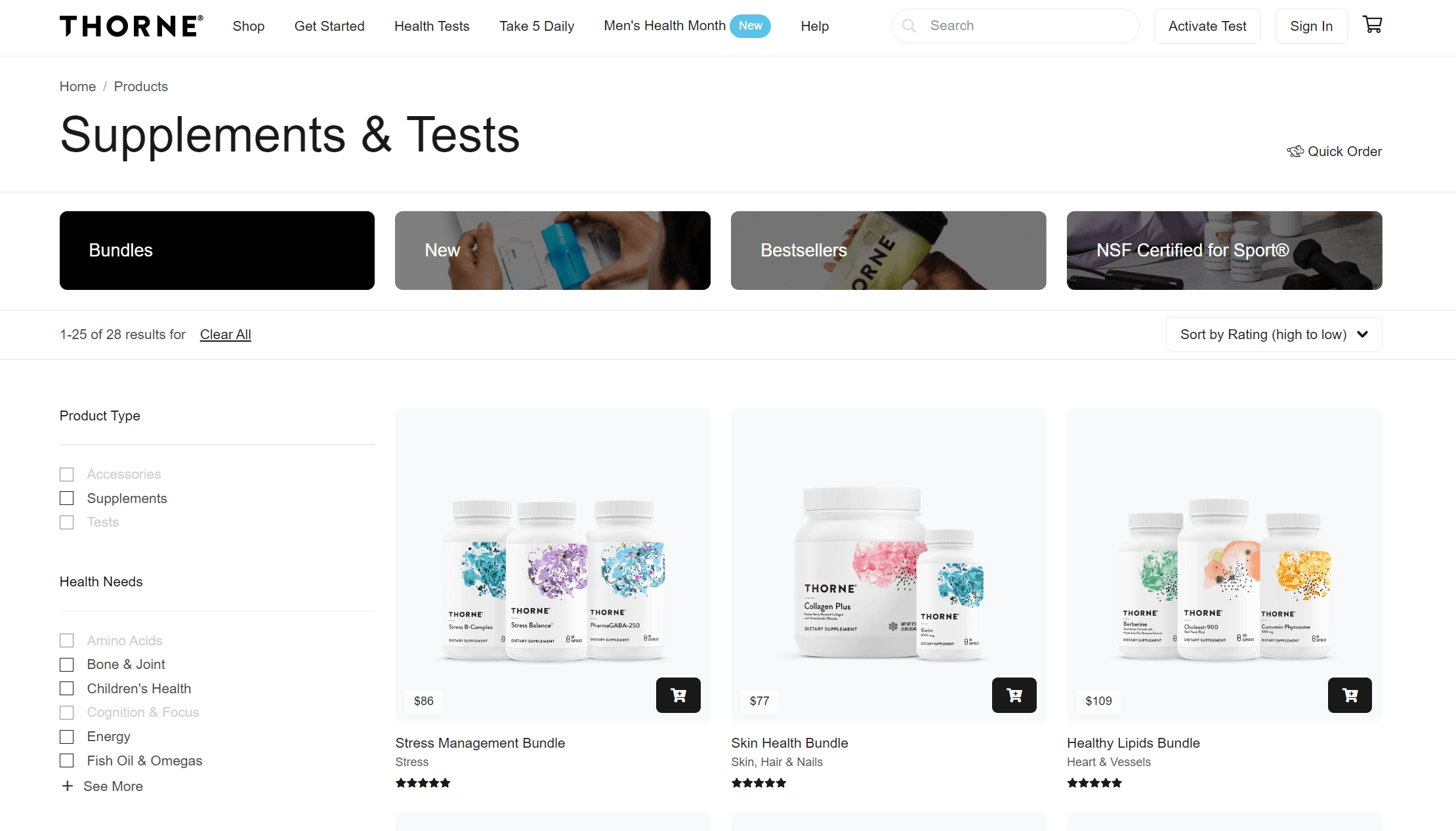 Screenshot of category page on Thorne