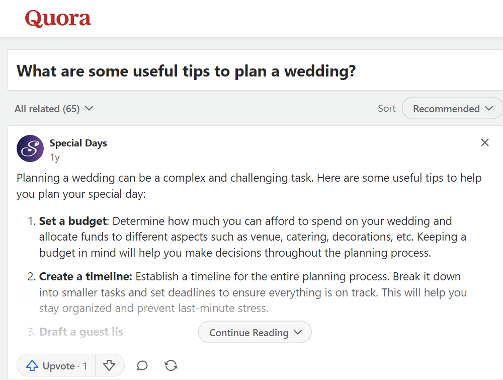 Thread about wedding planning tips on Quora