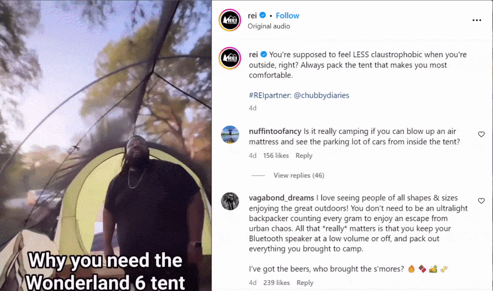 REI social media video about one of their tent products