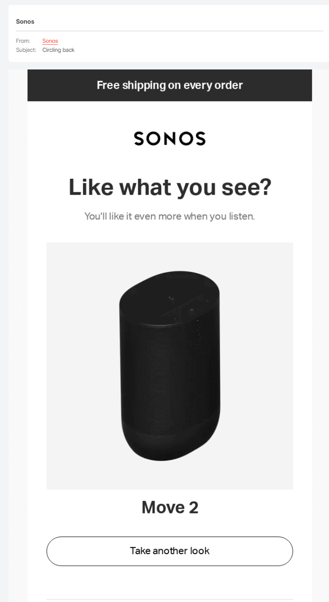 Screenshot of email for a speaker in an abandoned ecommerce cart.