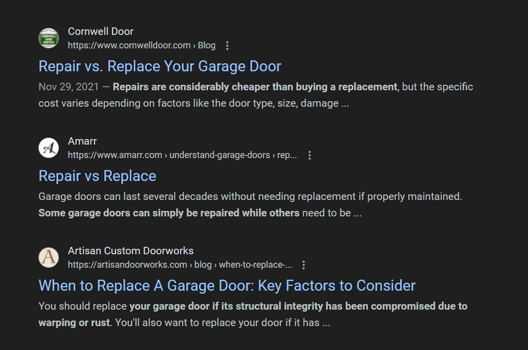 Search results for a query about whether to repair or replace a garage door