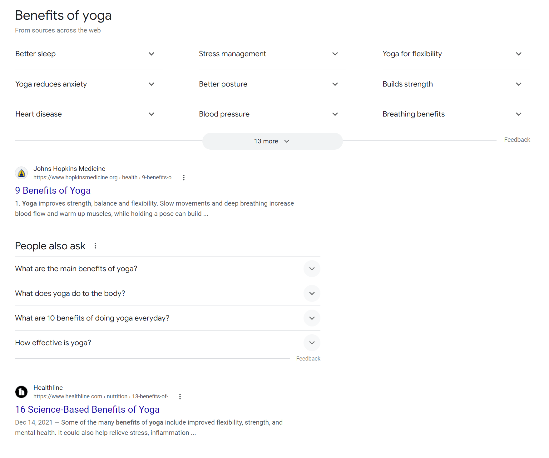 Screenshot of SERPs for "yoga benefits"