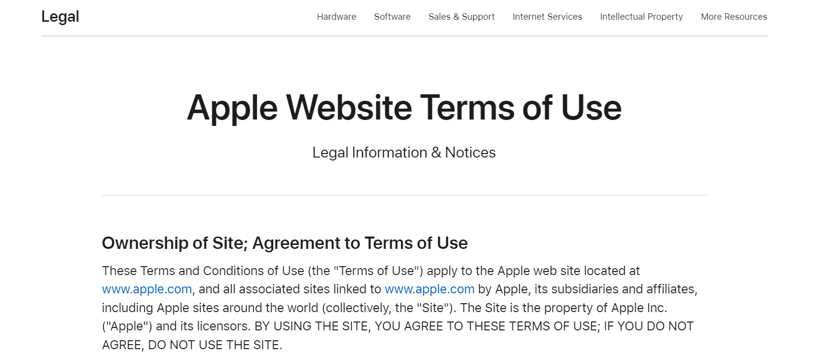 Screenshot of Apple's terms and conditions