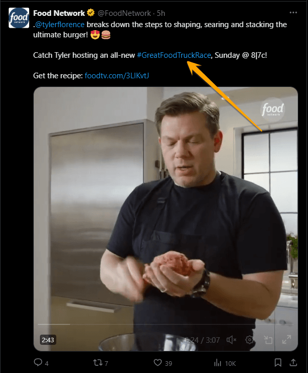 Twitter post on Food Network using a hashtag