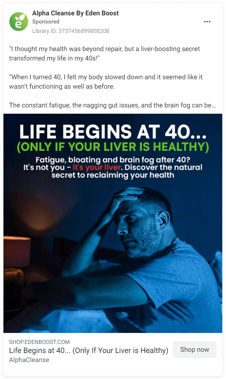 Screenshot of AlphaCleanse ad for liver supplements