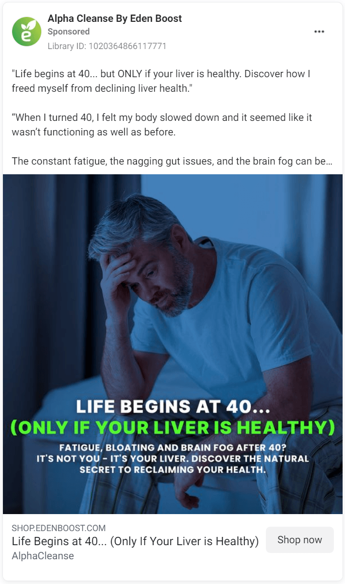 Screenshot of AlphaCleanse ad for liver supplements