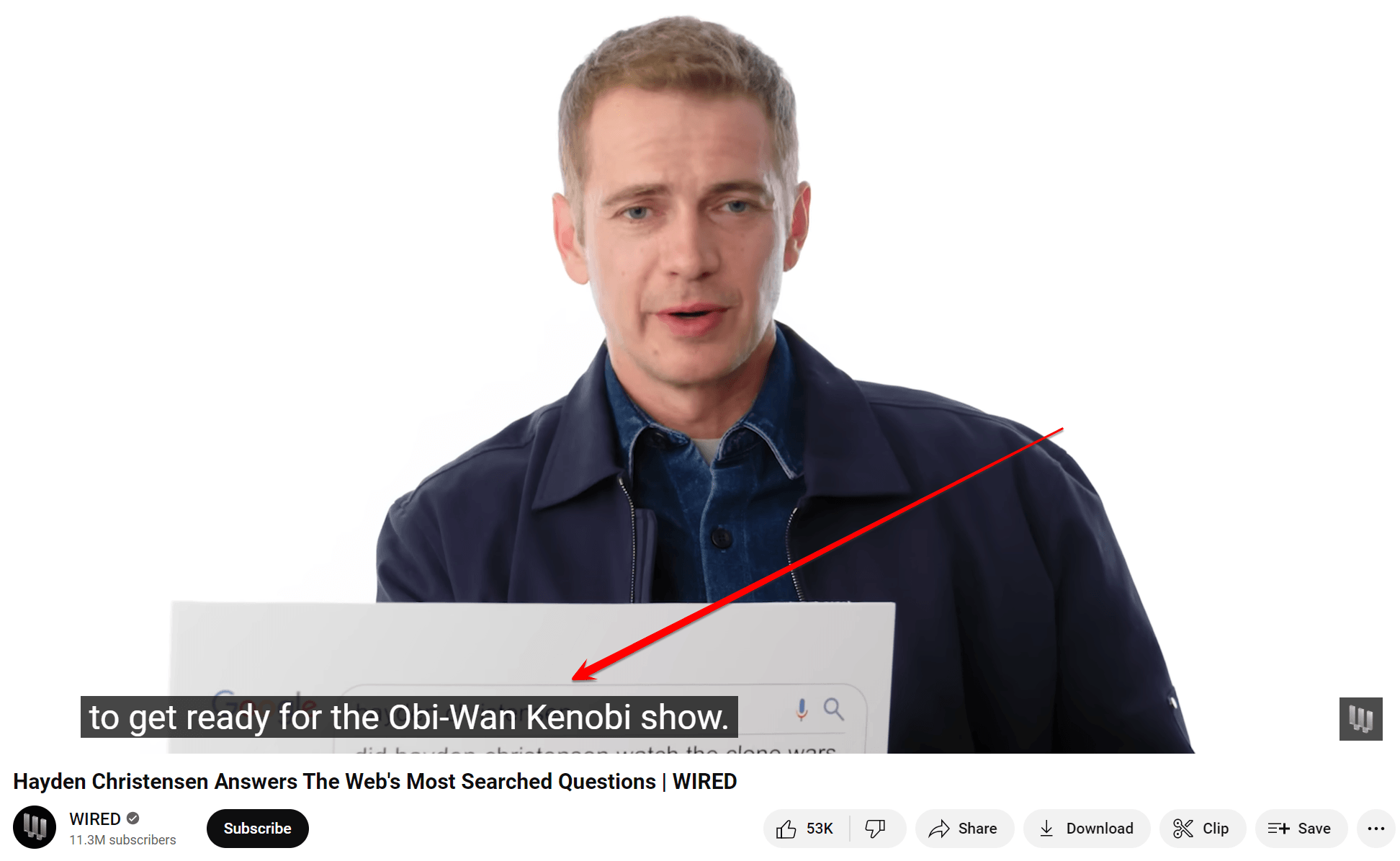 Closed captioning on a video of Hayden Christensen answering questions