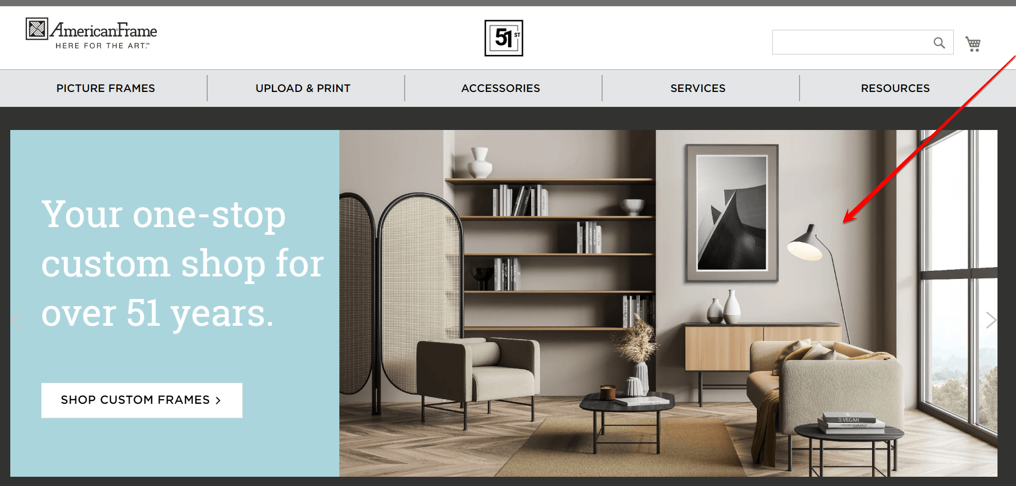 Visuals of picture frames on the homepage of a picture frame website