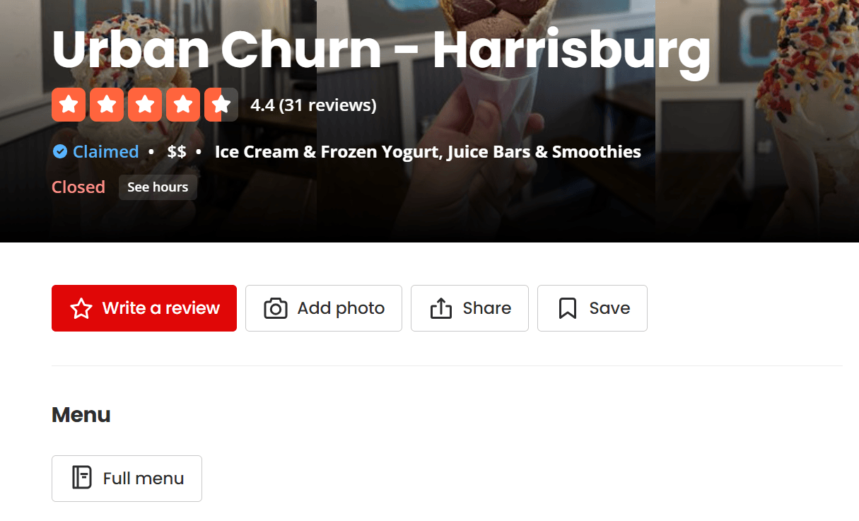 Yelp page for Urban Churn ice cream
